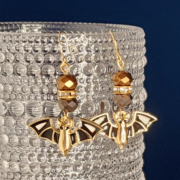 Hand Crafted Jewelry - Handmade Goth Punk Bat Enamel Crystal Beaded Rhinestones Earrings
